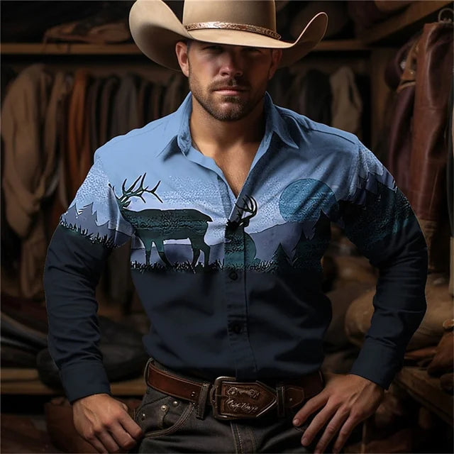 2024 Retro Fashion Simple Long Sleeve Western Denim Men's Social Shirt Top Rock Men's Street Retro Fashion Casual Clothing