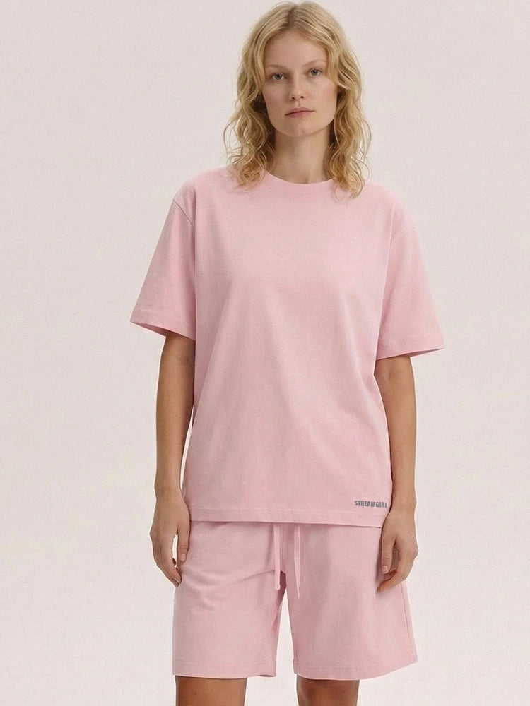 Summer 2 Piece Shorts Set Woman Cotton Brown Oversized T Shirts And Shorts Two Pieces Outfits For Women White Short Sets Pink