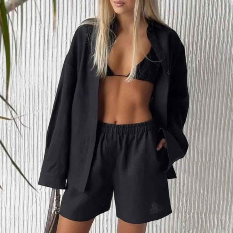 Women 2 Piece Shorts Set Casual Solid Loose Holiday Tracksuit Long Sleeve Cardigan And High Waist Female Shorts Sets 2025 Summer