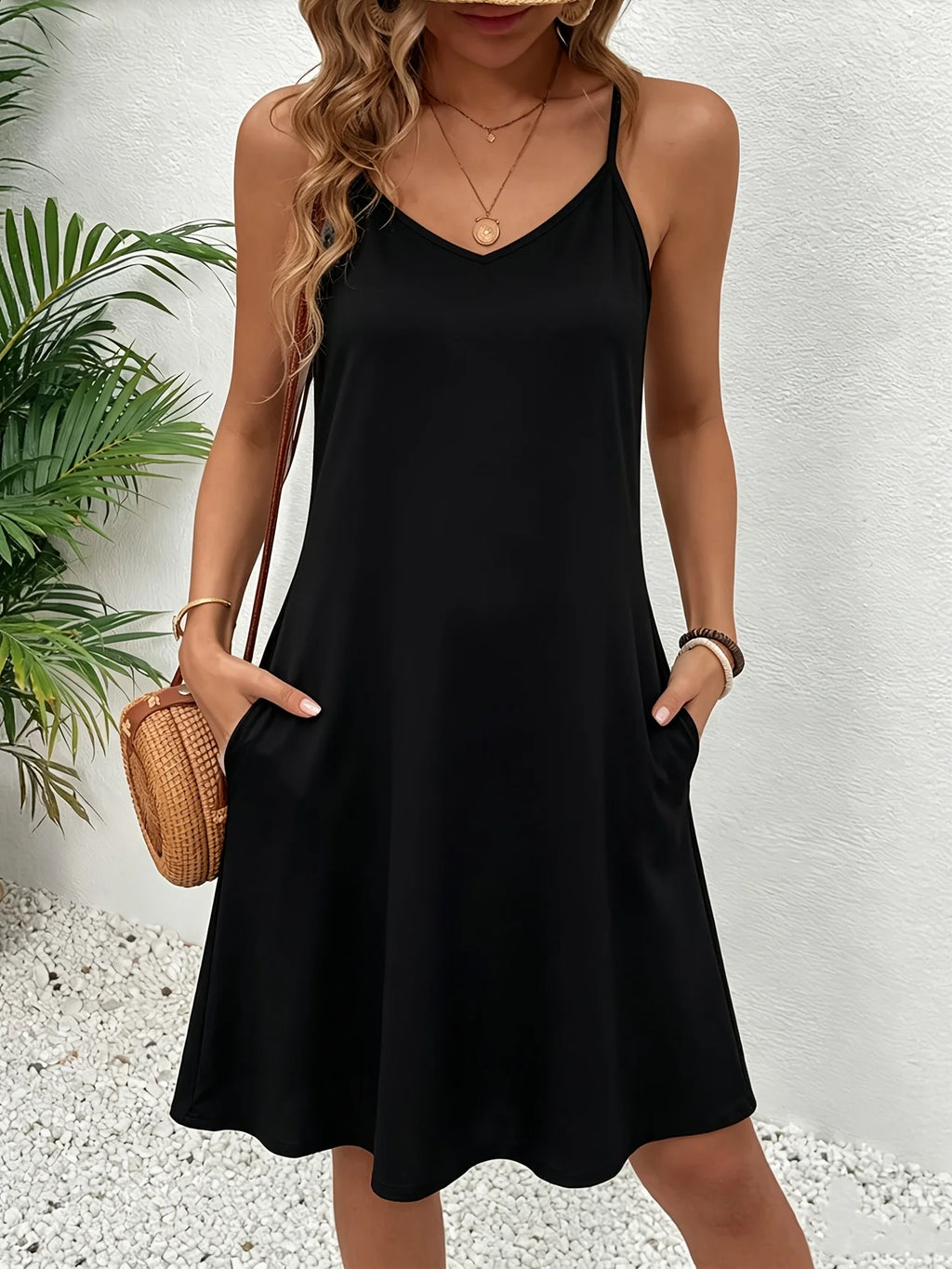 Women Solid Black Spaghetti Strap Mini Dress, V Neck Loose A Line Casual Sundress With Side Pockets, Party Short Dress
