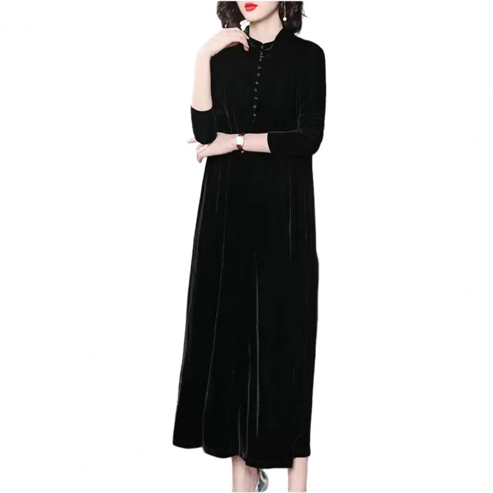 Women Fall Dress Solid Color Loose Long Sleeves Button Maxi Dress Keep Warm Velvet Mom Spring Dress Women Clothes
