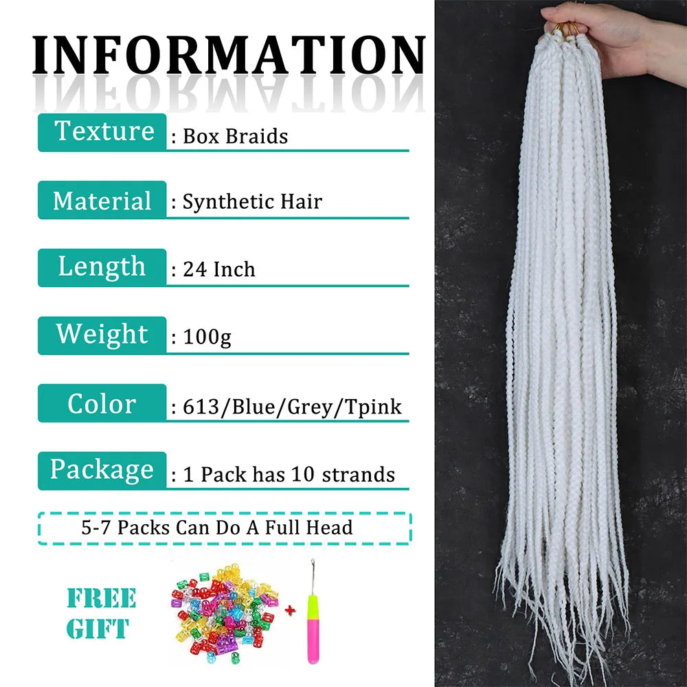 White 3X Box Braids Synthetic Crochet Hair 24Inch Crochet Braiding Hair Extensions Goddess Silver Blonde Braid Pre Looped Hair