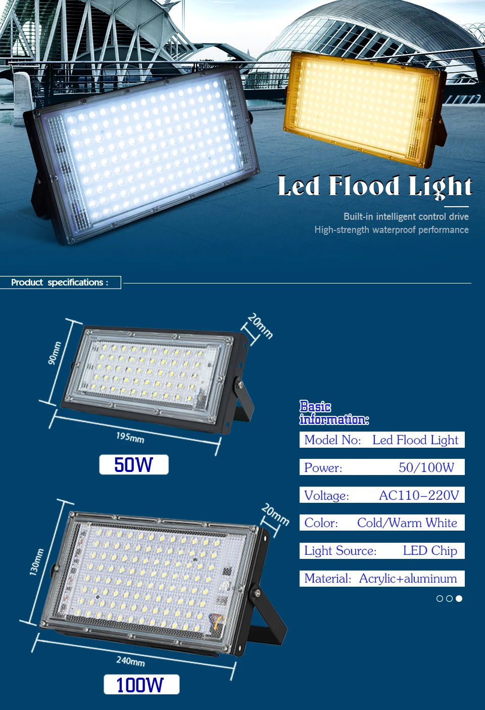 LED Flood Light 50W 100W AC 110V 220V Reflector Spotlight Street Light Wall Lamp IP65 Waterproof Outdoor Garden Lighting