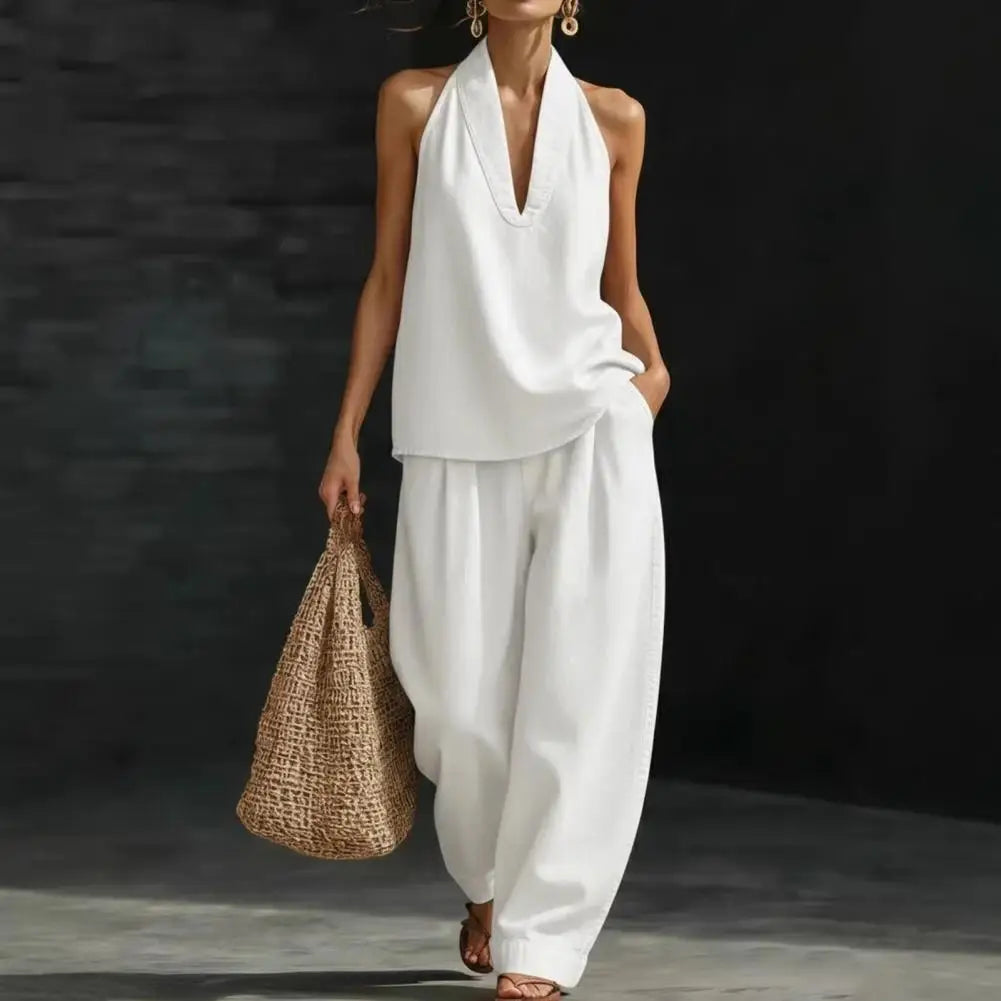 Women Denim Vest Pants Set Summer Vintage Washed Denim Sleeveless Hanging Neck V-neck tank top Straight Leg Pants OL Commuting
