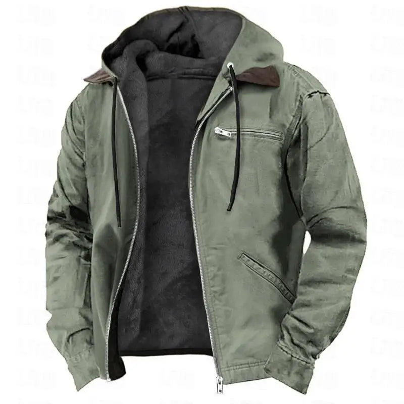 European and American Men's Autumn and Winter Casual Hooded Zipper and Fleece Warm Jacket With Multiple Pockets Outdoor Jacket