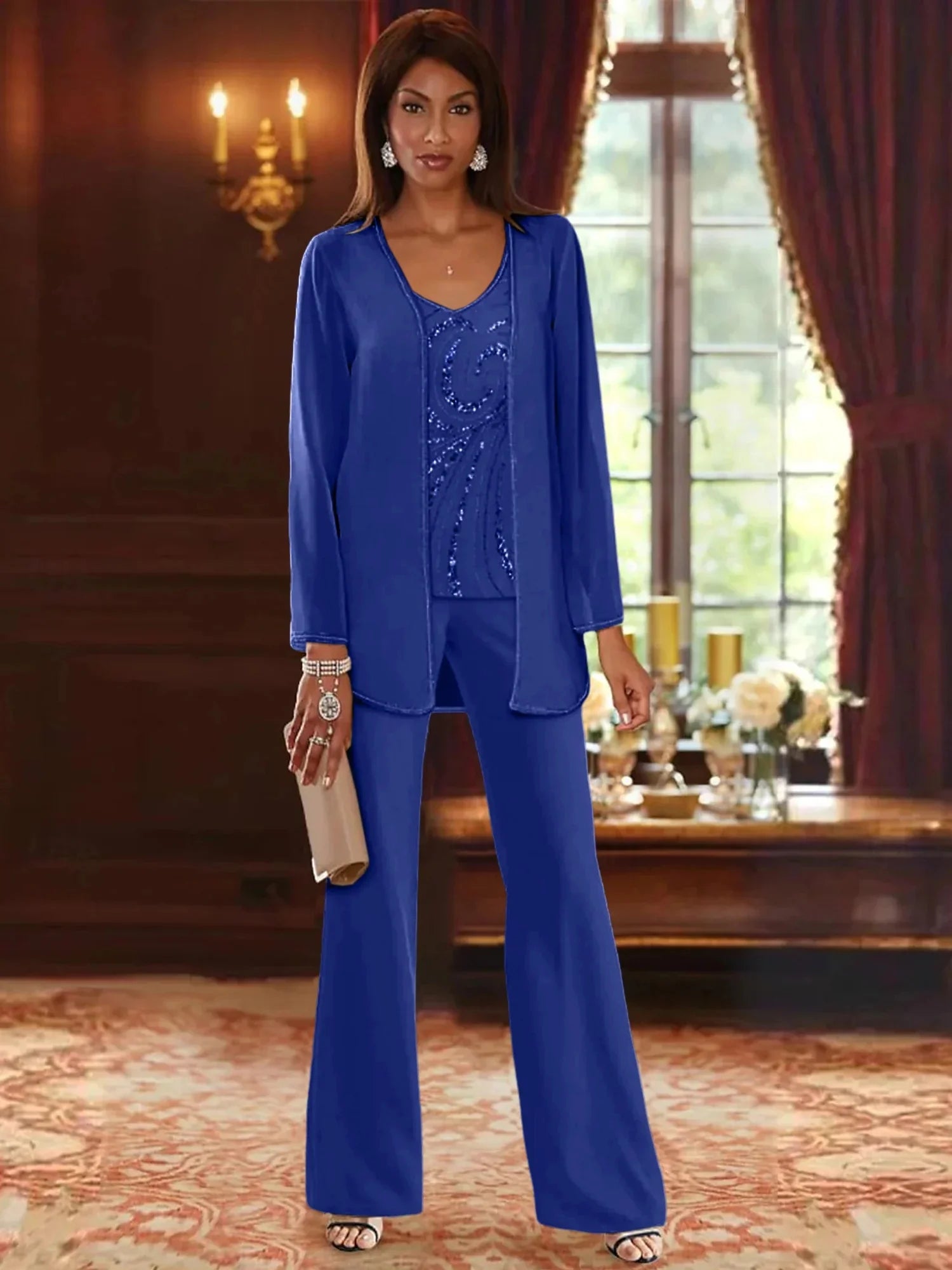 Pantsuit 3 Piece Mother of the Bride Dress Formal Wedding Guest V Neck Chiffon Lace Sleeveless with Beading Sequin 2024