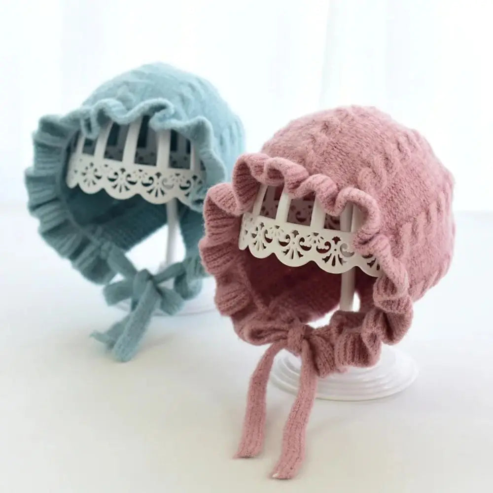 Infant Hat Winter Girl Baby Hooded Hat Autumn and Winter Ear Protection Warm Woolen Hat Lace Girls Knitted Hat 0-2Years