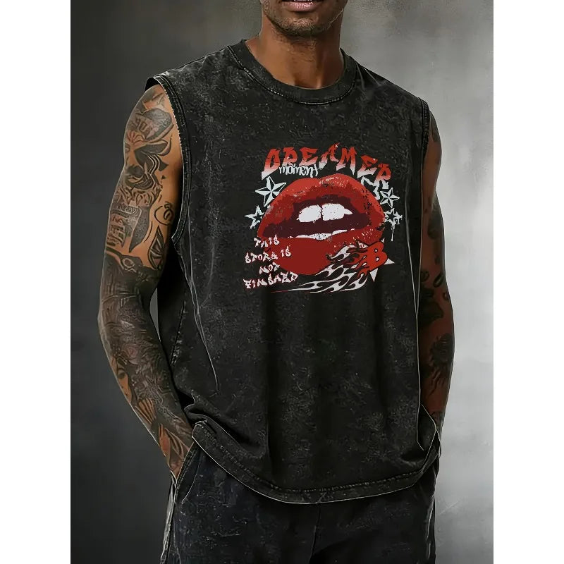 Flame red lip print men's plus size heavyweight retro washed sleeveless vest - loose street style printed top