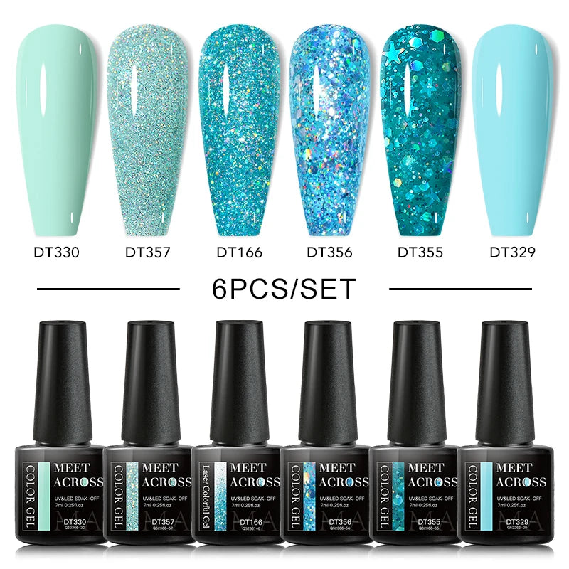 MEET ACROSS 6/8Pcs Set Glitter Gel Nail Polish Autumn Winter Nail Art Varnishes Semi Permanent Soak Off UV Gel Kit Nails Lacquer