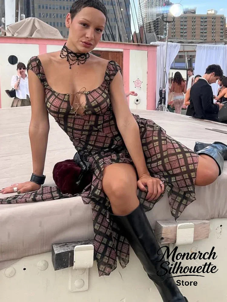 Plaid Off Shoulder Long Dress Women Chic Tie Front Cutout Ruched Asymmetric Hem Sundress 2026 Summer Lady Casual Daily Vestidos
