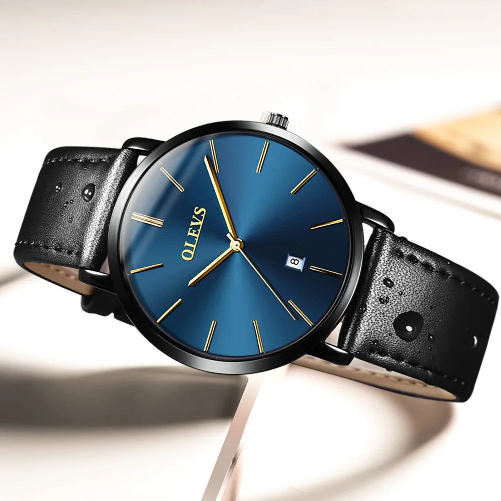 OLEVS 5869 Ultra Thin 6.5mm Quartz Watch for Men Fashion Leather Strap Simple Luxury Auto Date Clock Men's Wristwatch Waterproof