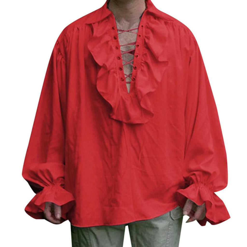 Medieval Mens Renaissance Costume Ruffled Shirts Long Sleeve Lace Up Steampunk Pirate Shirt Cosplay  Stage Costume for Women