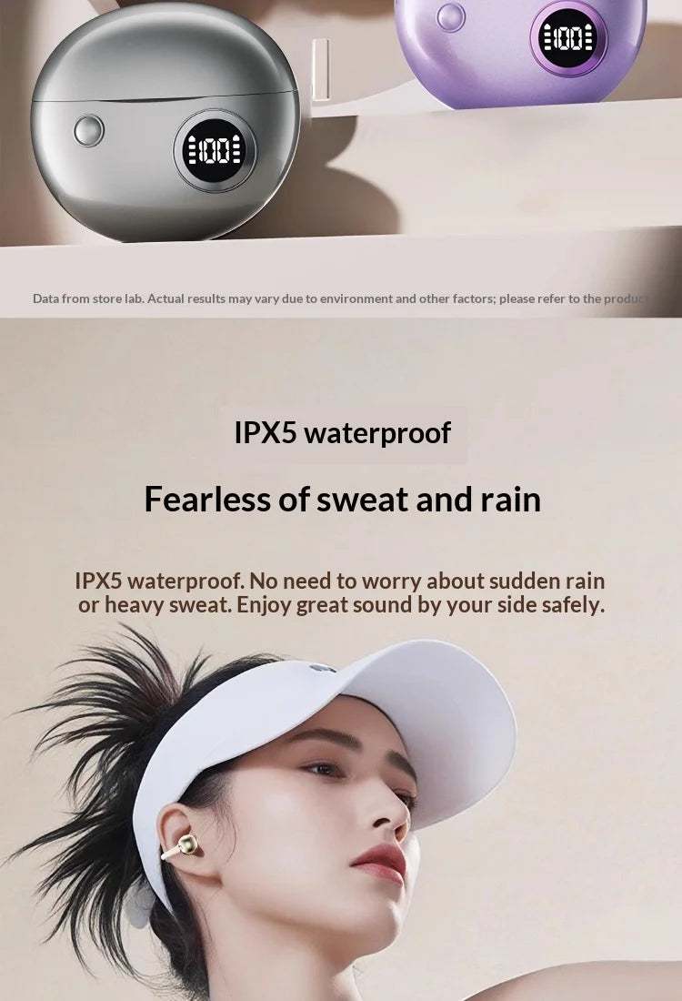 Portable Clip-on Earphones Wireless Bluetooth 5.3 Earbuds Hi-Fi Sound Super Long Battery Life Digital Display Noise Reduction