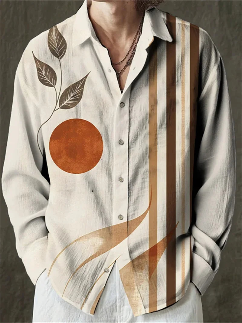 New Men's Linen Long Sleeve Shirt Flower 3D Flower Print Yellow Long Sleeve Lapel Clothing Fashion Designer Casual