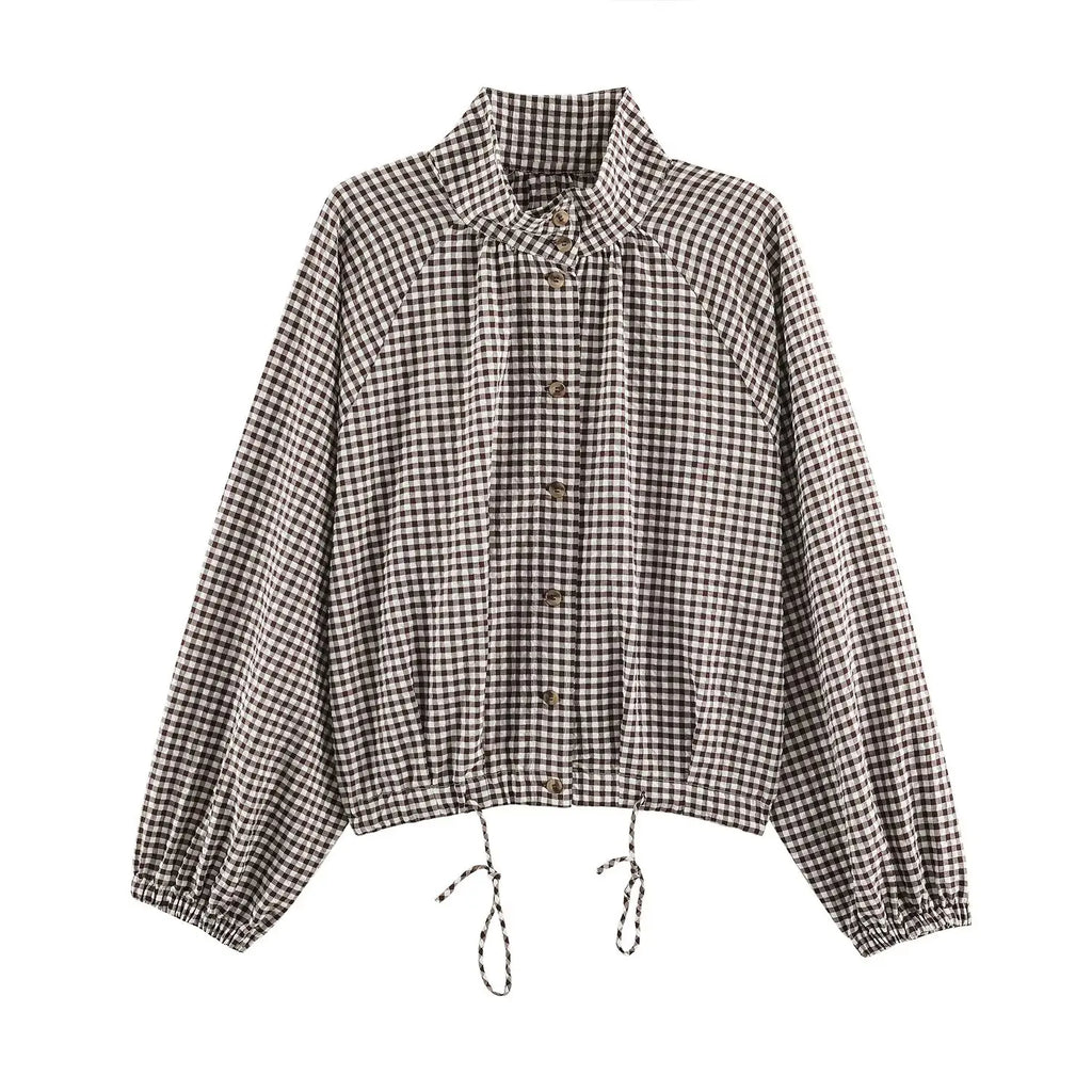 Women's Plaid Jacket, Vintage Gingham Check Coat, Stand Collar Long Sleeve Button Up Outerwear, Loose Casual Autumn Windbreaker