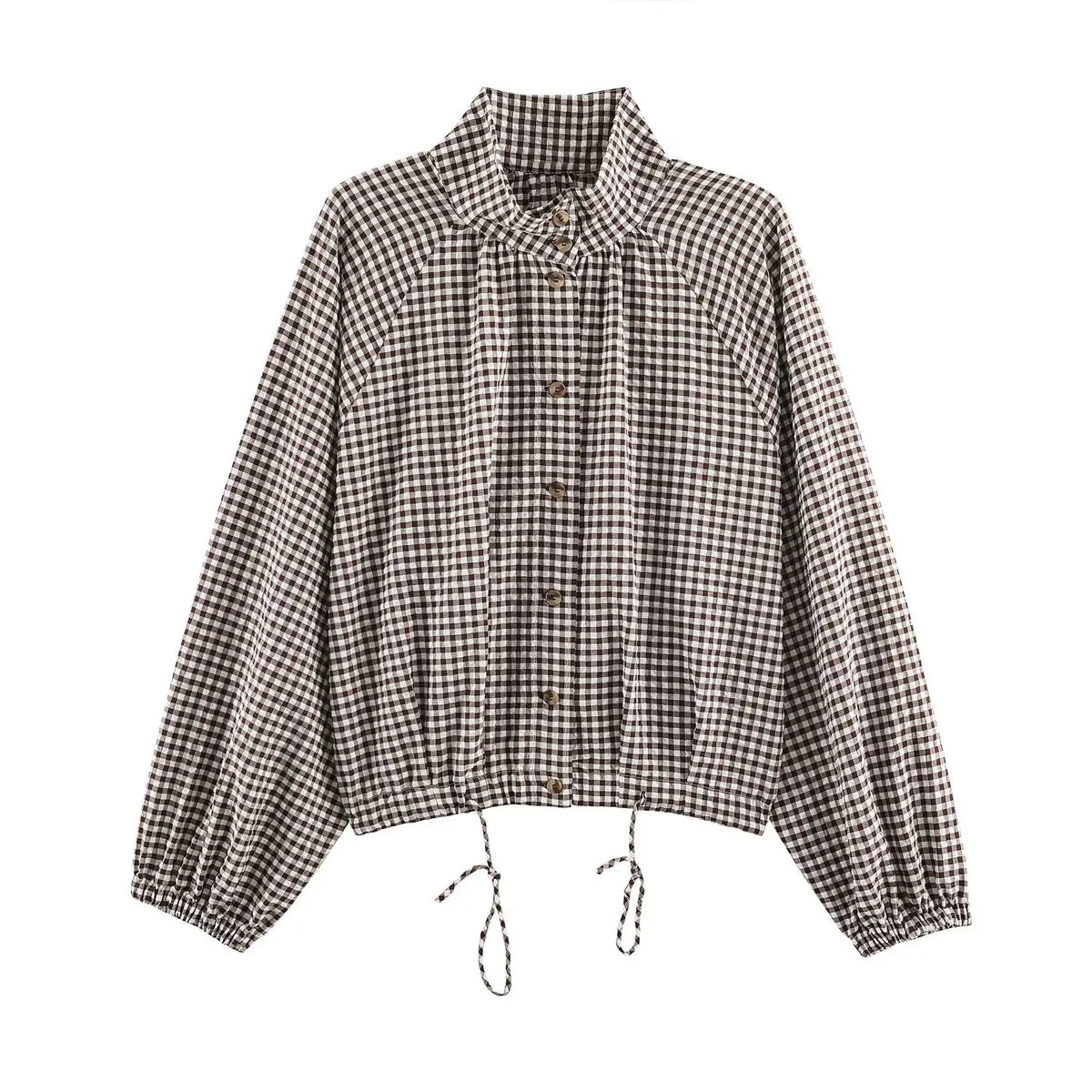 Women's Plaid Jacket, Vintage Gingham Check Coat, Stand Collar Long Sleeve Button Up Outerwear, Loose Casual Autumn Windbreaker