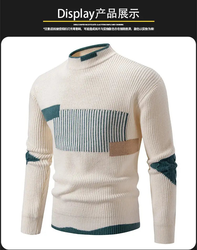 Striped Jacquard Man Pullover Sweaters Jersey Cuello Alto Hombre Autumn Winter Half High Collar Long Sleeve Men Knitted Sweater