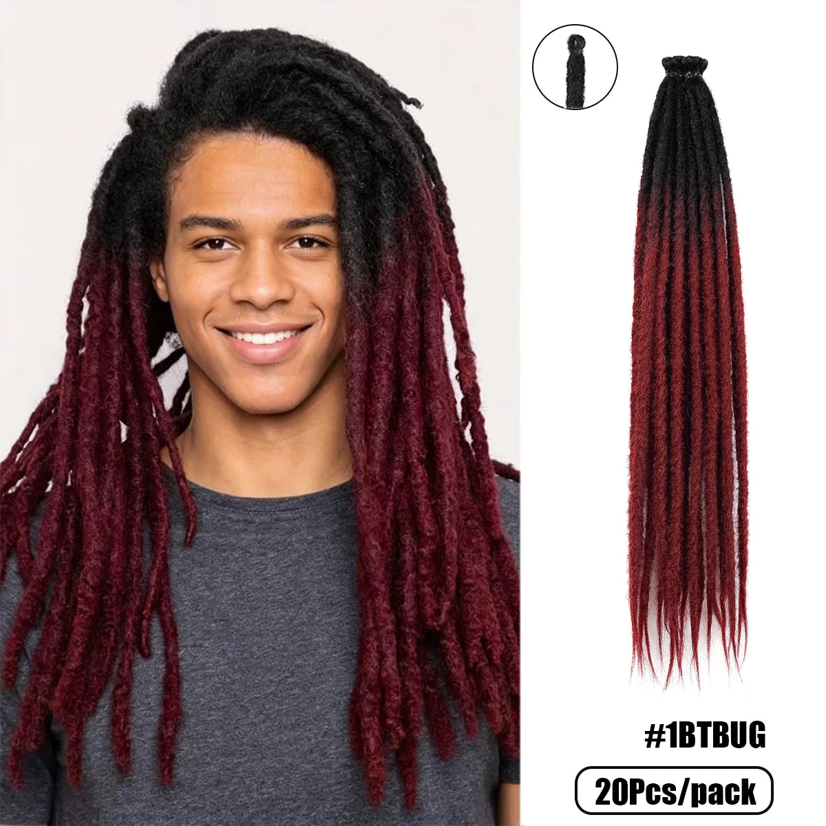 20Strands 24 Inch Synthetic Dreadlock Extensions Ombre Black 0.6cm Width Single Ended Hippie Reggae Style Crochet Hair for Men