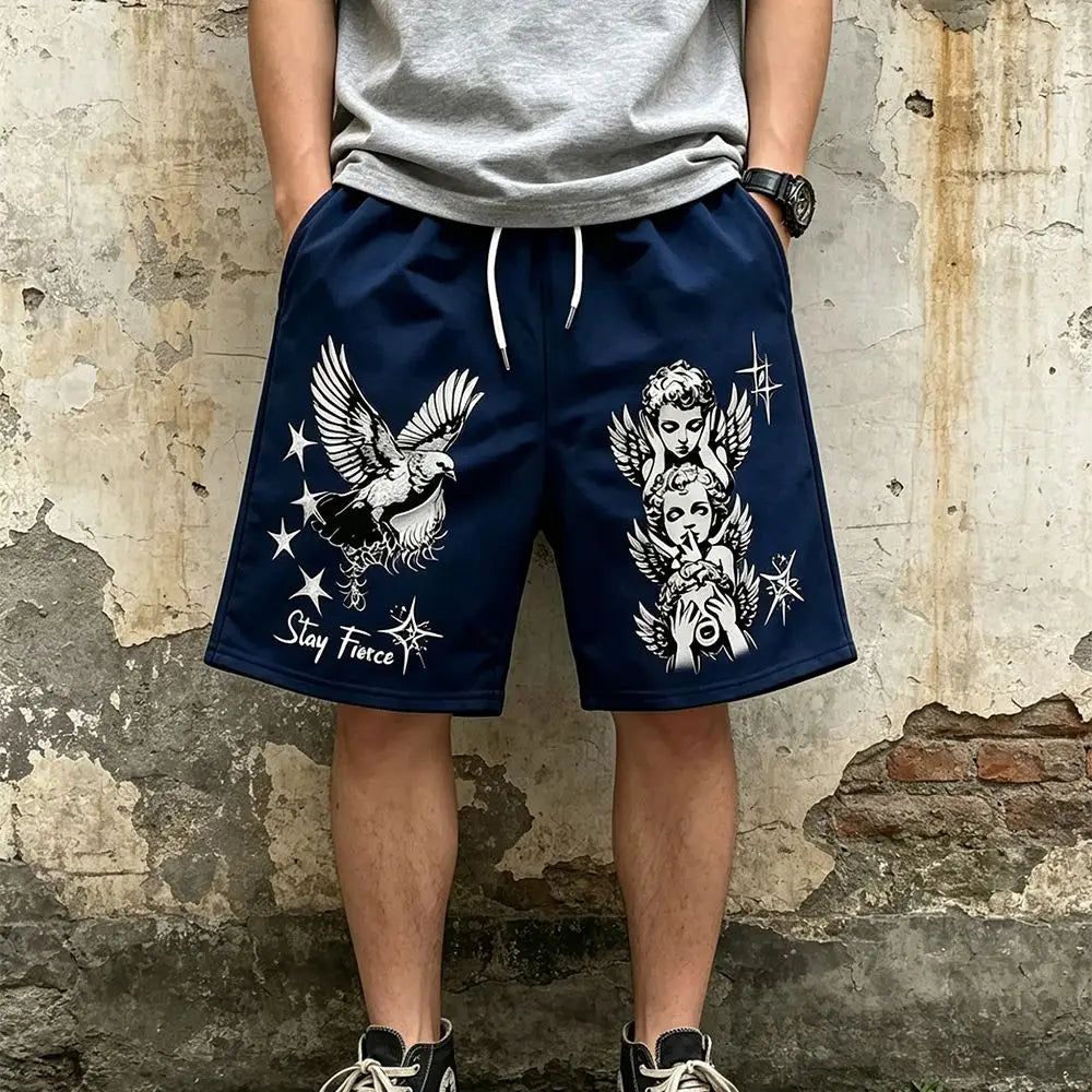 Retro Men's Summer European and American Little Angel Letter Print Comfortable Breathable Drawstring Shorts Outdoor Casual Pants