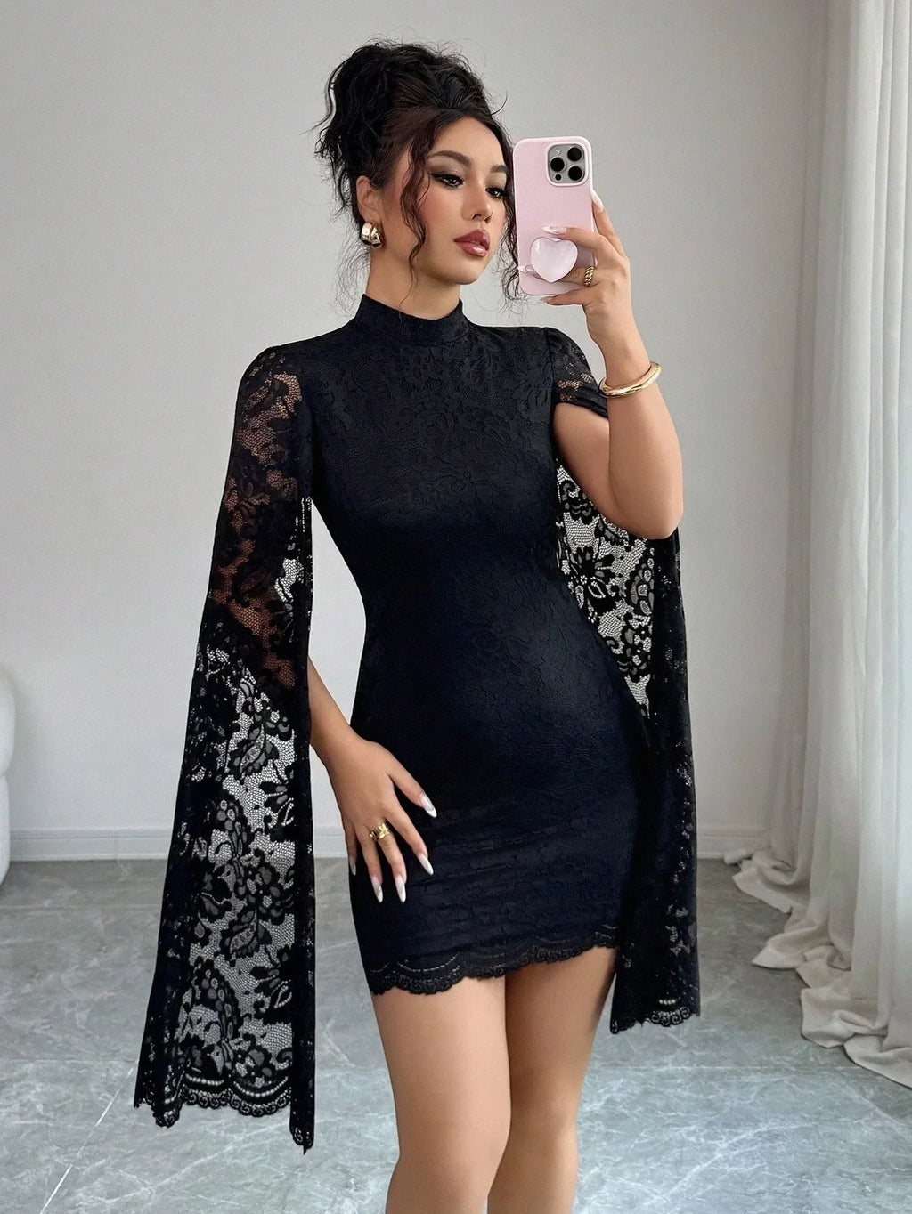Women Sexy Long Sleeve Lace Dress 2026 Fall Winter, Mandarin Collar Side Slit Slim Midi Dress For Cocktail Dating Night Out