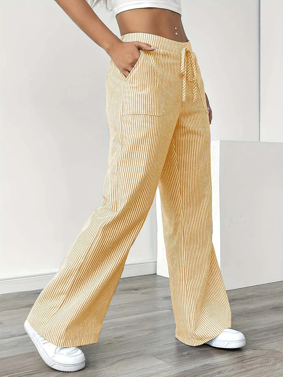 American Style Retro Vertical Stripe Drawstring Wide Leg Pants High Waist Dipping Loose Straight Casual Pants