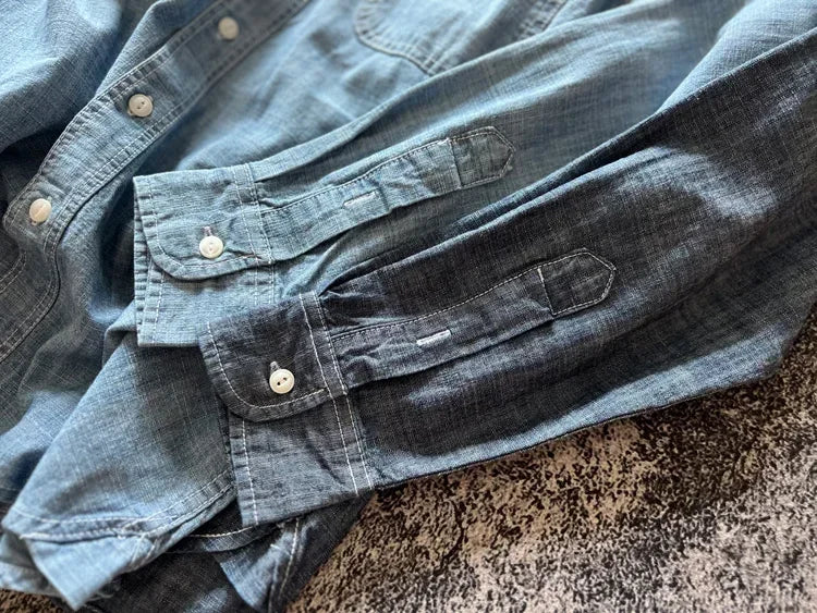 Japan Retro Bamboo Yarn Denim Casual Shirt Cool Hong Kong Style Long Sleeve Loose Spring Autumn 100% Cotton Washed Workwear Tops