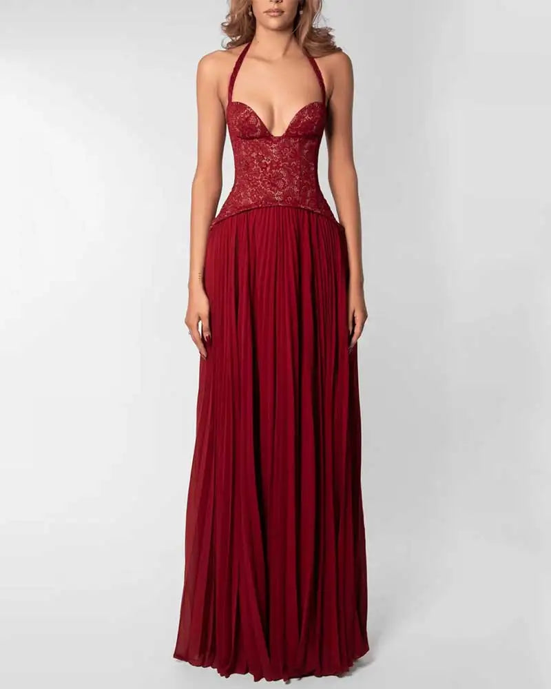 GACVGA Elegant Corset Halter Pleated Maxi Dress Women Back Lace-up Patchwork Slim Lady Gown Club Party Evening Long Dress