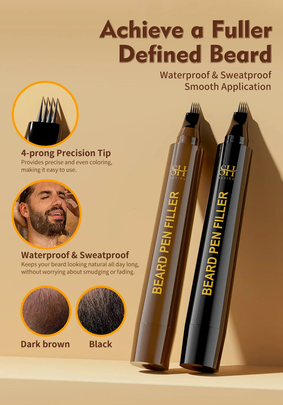 Beard Filling Pen Kit Four Prong Beard Filler Pencil With Beard Brush Waterproof Male Moustache Repair Shaping Coloring Pen