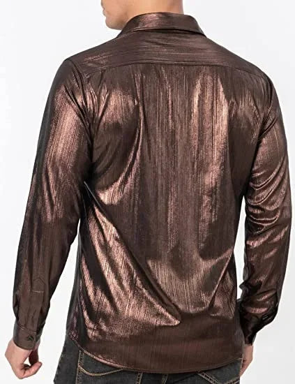 Metallic Shiny Polyester Dress Shirts for Men Black Solid Gold Red Silver Long Sleeve Turn Down Collar Prom Disco Men's Shirt
