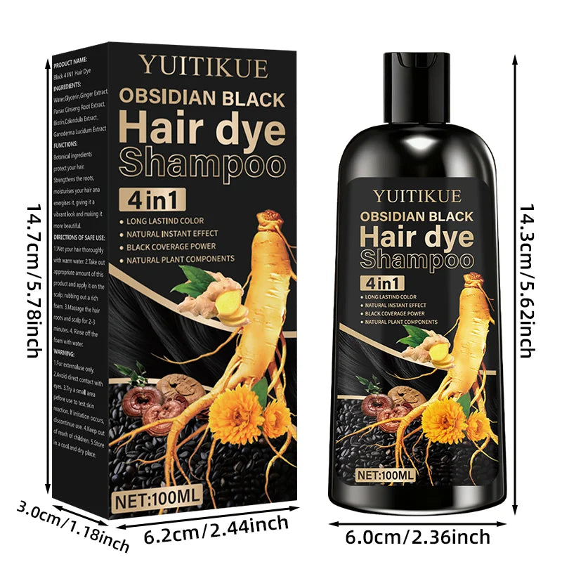 Obsidian Black Hair Dye Shampoo 100ml - 4-in-1 Plant Formula, Covers Gray Hair with Natural Color, Dense Bubbles, Lasting Color
