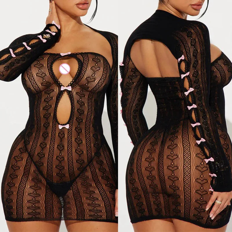 Trendy Sexy Hollow Out Bodycon Dress Woman Sexy Lingerie Erotic Fishnet Bodysuits Short Dress With A Shawl Porn Underwear Sets