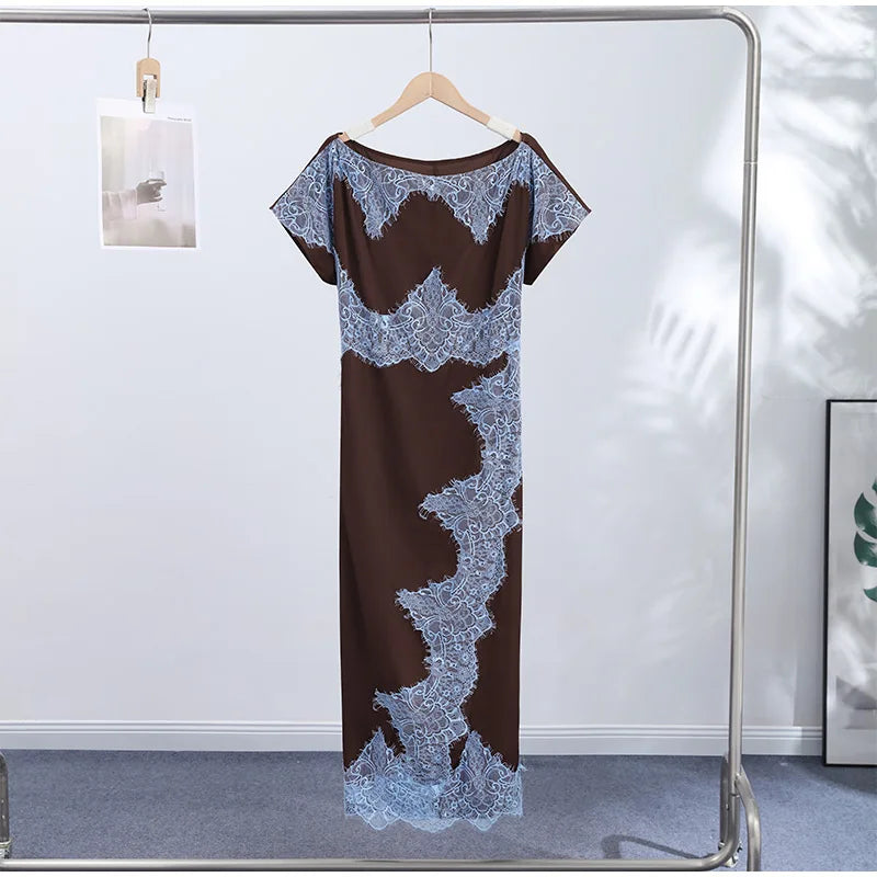 Elegant Lace Patchwork Long Women's Dress Urban Skew-collar Short Sleeve Empire Female Dresses 2026 Summer Vacation Lady Robe