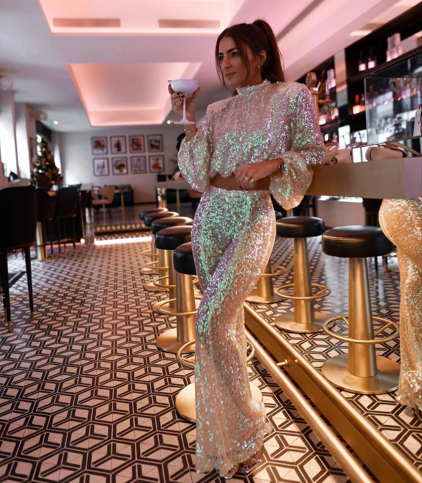 New Color Sequin Pants Sets Women Fashion Lantern Sleeves Cropped Top High Waist Trousers Two Piece Set Hot Girl Female Clothing