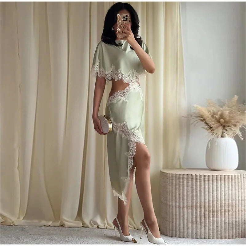 Lightweight Chiffon V-Neck Lace Insert Waist Maxi Dress Cutout Puff Sleeve 2026 Summer Women Party Dress Trendy Chic Lady Outfit