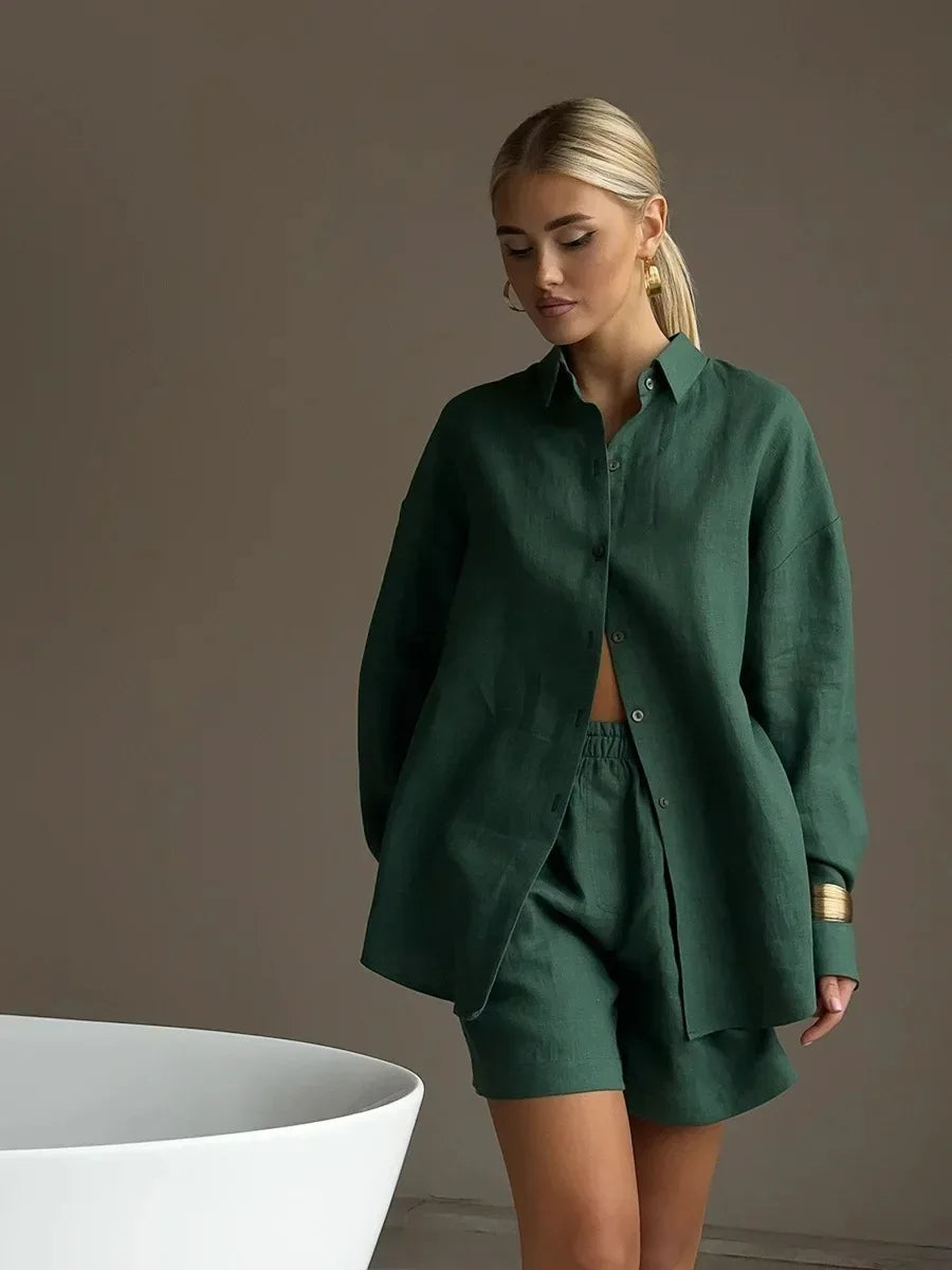 Women 2 Piece Shorts Set Casual Solid Loose Holiday Tracksuit Long Sleeve Cardigan And High Waist Female Shorts Sets 2025 Summer