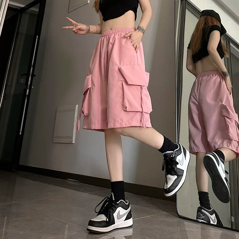 Women Casual Cargo Shorts High Waisted Loose Wide Leg Shorts Large Pockets Fashion Street Hip-hop Breathable Thin Summer Shorts