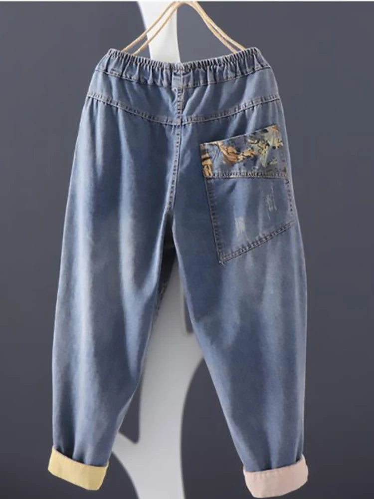 Women's Casual Boyfriend Baggy Jeans Fashion Vintage Style Patchwork Streetwear Female Denim Pants Loose Versatile Harem Trouser