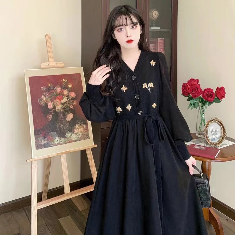 Fall Faion Long Waist-Cinching Slimming Hepburn Sle Little Bla Dr Women's High Waist A-Line Dr Ele