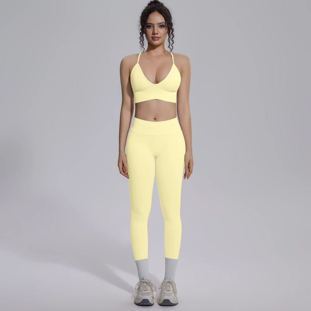 2PCS Woman Yoga Set Shockproof Workout Top Sexy Yoga Bra with Chest Pad High Stretch Seamless Fitness Pants Gym Yoga Set