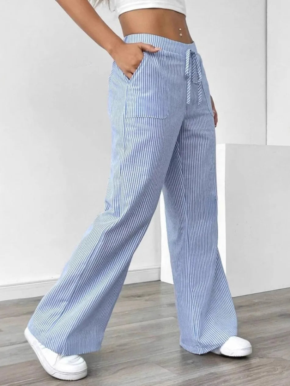 New Autumn Striped Drawstring Pants for Casual and Comfortable Street Fashion Loose Straight Leg Wide Leg Pants Trousers Women