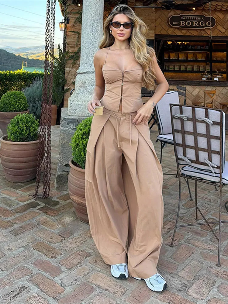 Women 2 Piece Pant Sets Women Khaki Spaghetti Strap Corset Cami Top Pocket Wide Leg Cargo Pants 2026 Matching Vacation Outfits