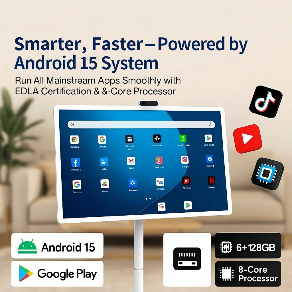 Smart TV, 6G+128G Floor Stand Tablet with Remote Controller 2K Camera Video Call, Inbuilt 148W Battery Power 32 Inch Android 15