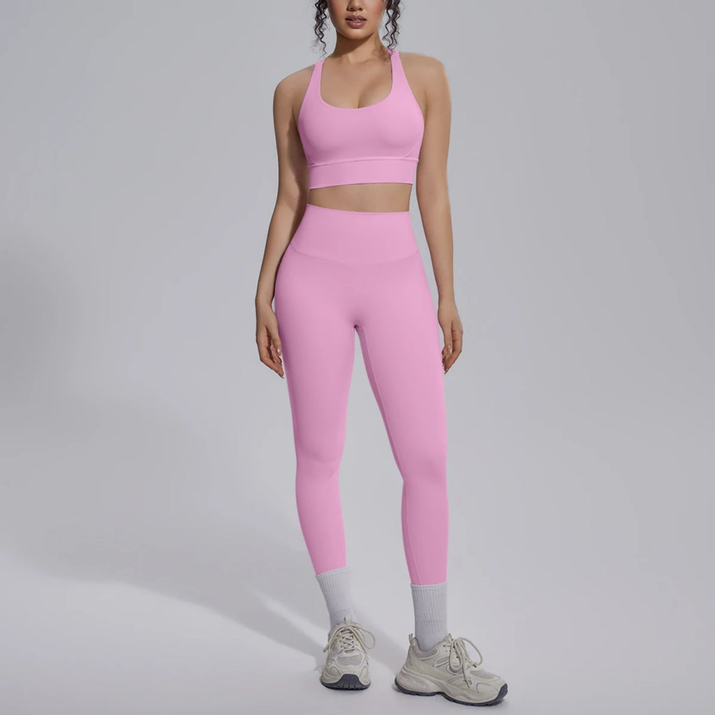 2PCS Yoga Set Summer Gym Sports Running Yoga Clothing Solid Color Cross Bra Workout Top High Waisted Quick Drying Fitness Pants