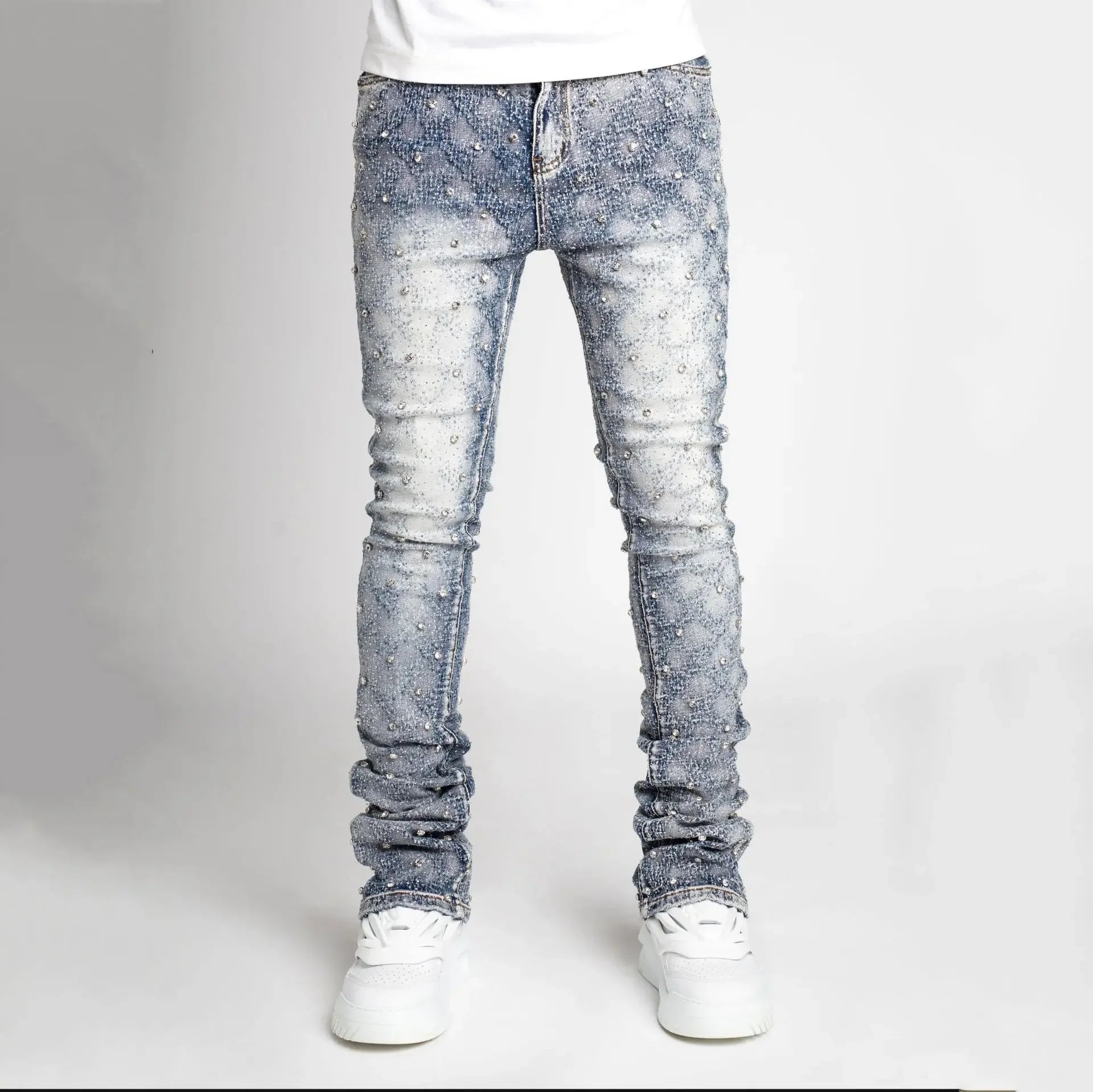 Men Denim Fashion Individualistic Straight-leg Men Trousers European and American Fashion Elastic Pearl Denim Layered Long Pants