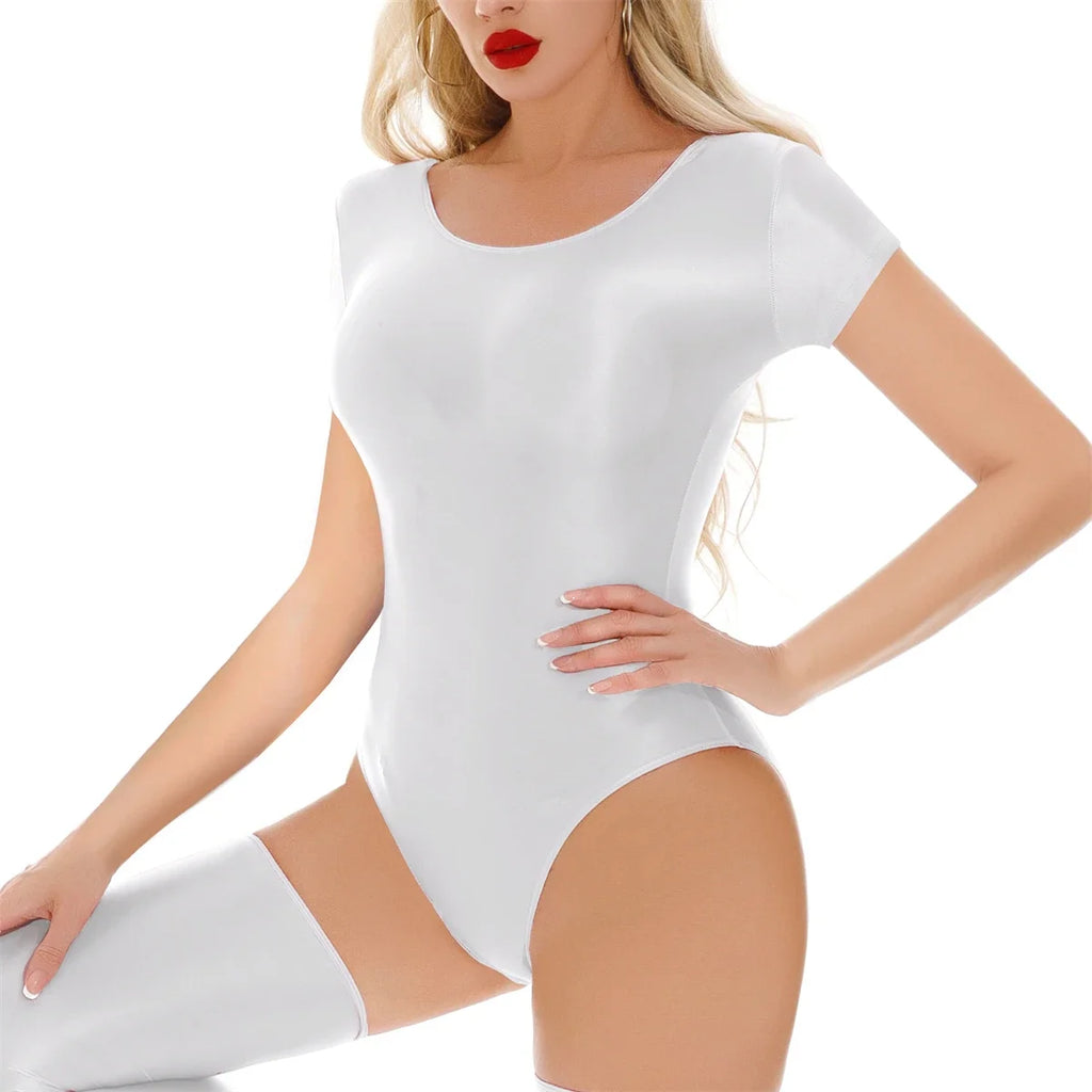 Women Sexy Bikini Leotard Solid Color Oil Shiny Smooth Bodysuits Short Sleeve Swimwear Rompers Transparent Yoga Fitness Catsuits
