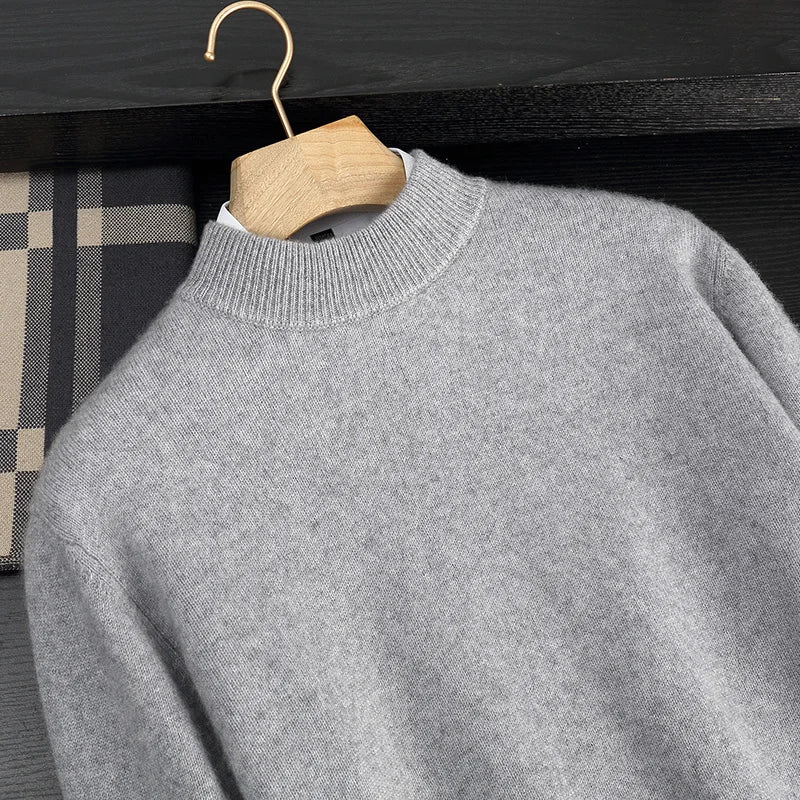 Autumn/Winter Men's 100% Cashmere Pullover Business Casual Solid Knitted Sweater Loose Half High Neck Tops Thick Warm Jumper