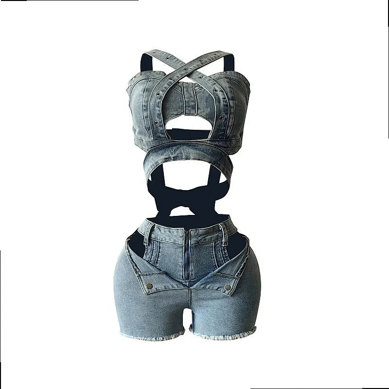 New Denim Vest Shorts Matching Set, Corset Tube Top Strappy Denim Vest Tops with Stretchy Shorts Sets