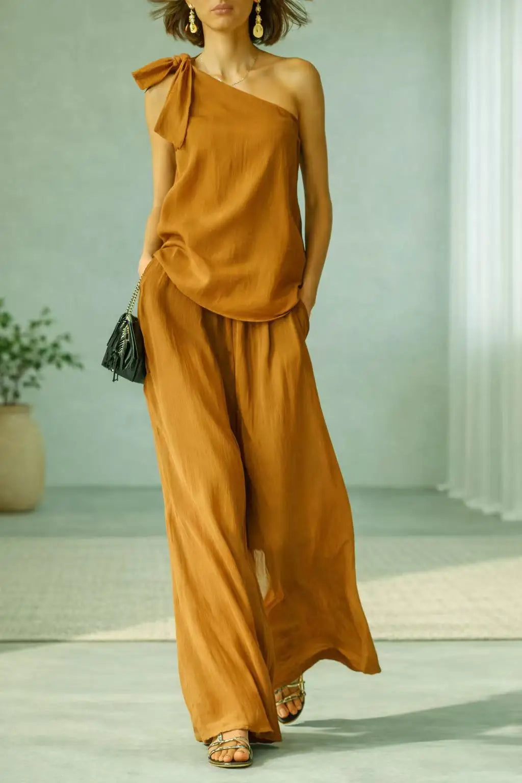 Casual Loose Summer Pants Set 2026 One Shoulder Single Strap Sleeveless Top+Wide Leg Pants Women's Casual Sportswear 2-piece Set