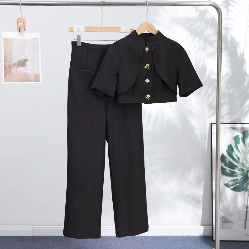 Street Denim Top Pants Women Set Short Sleeve Stand Collar Coats Wide Leg Trousers 2026 Summer Autumn 2 Pieces Set Women New