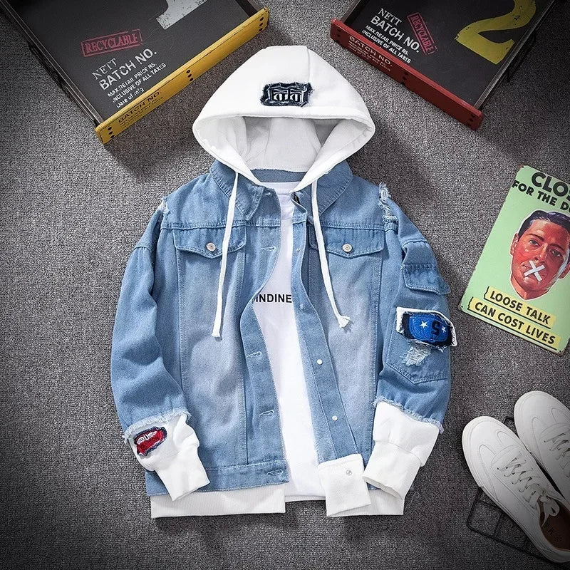 Customizable Men Denim Jacket Streetwear Hip Hop Men's Hooded Jean Jackets Male Casual Loose Outerwear Fashion Slim Fit Coat